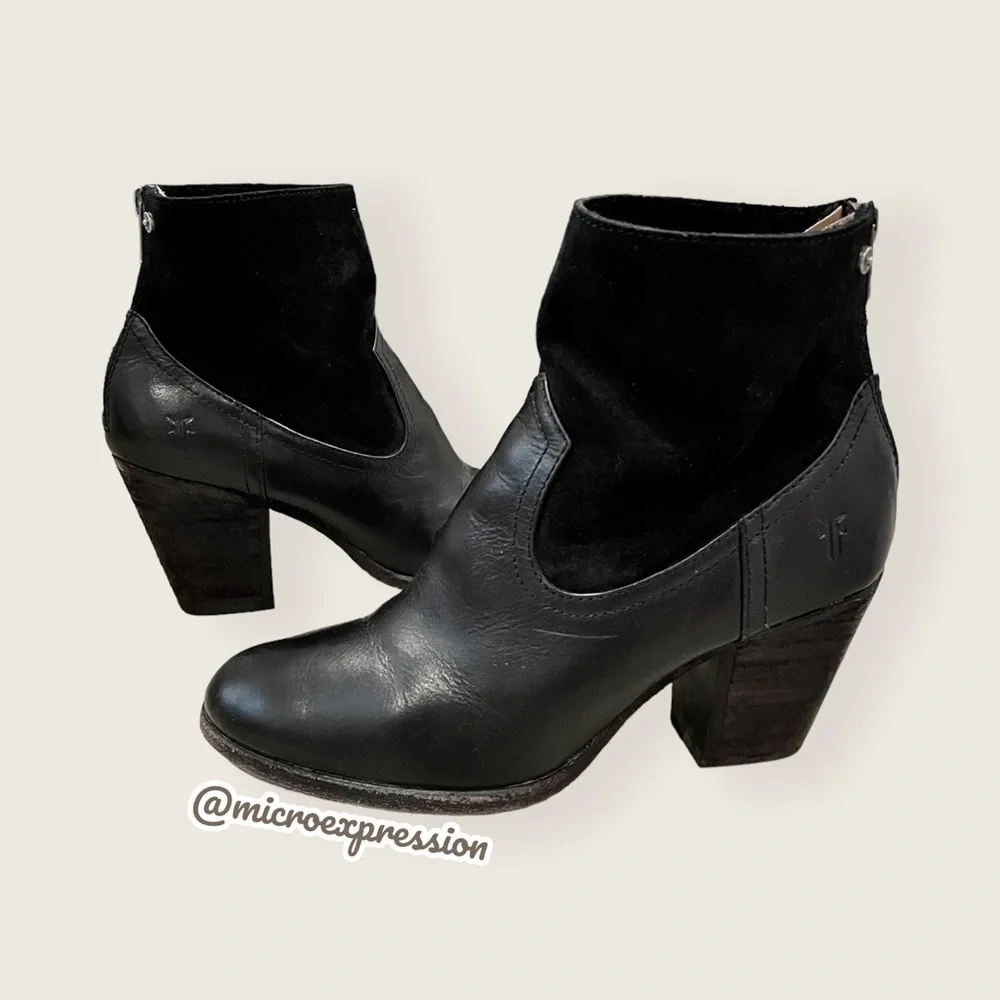 Frye Tessa Zip Short Black Suede Real Leather Zip Up Heeled Round Toe Ankle Boot - Picture 10 of 11
